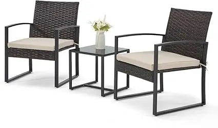 Patio Furniture Set, Outdoor Rattan Bistro Set with Coffee Table, Durable Steel Frame with Strapped Cushions for Garden