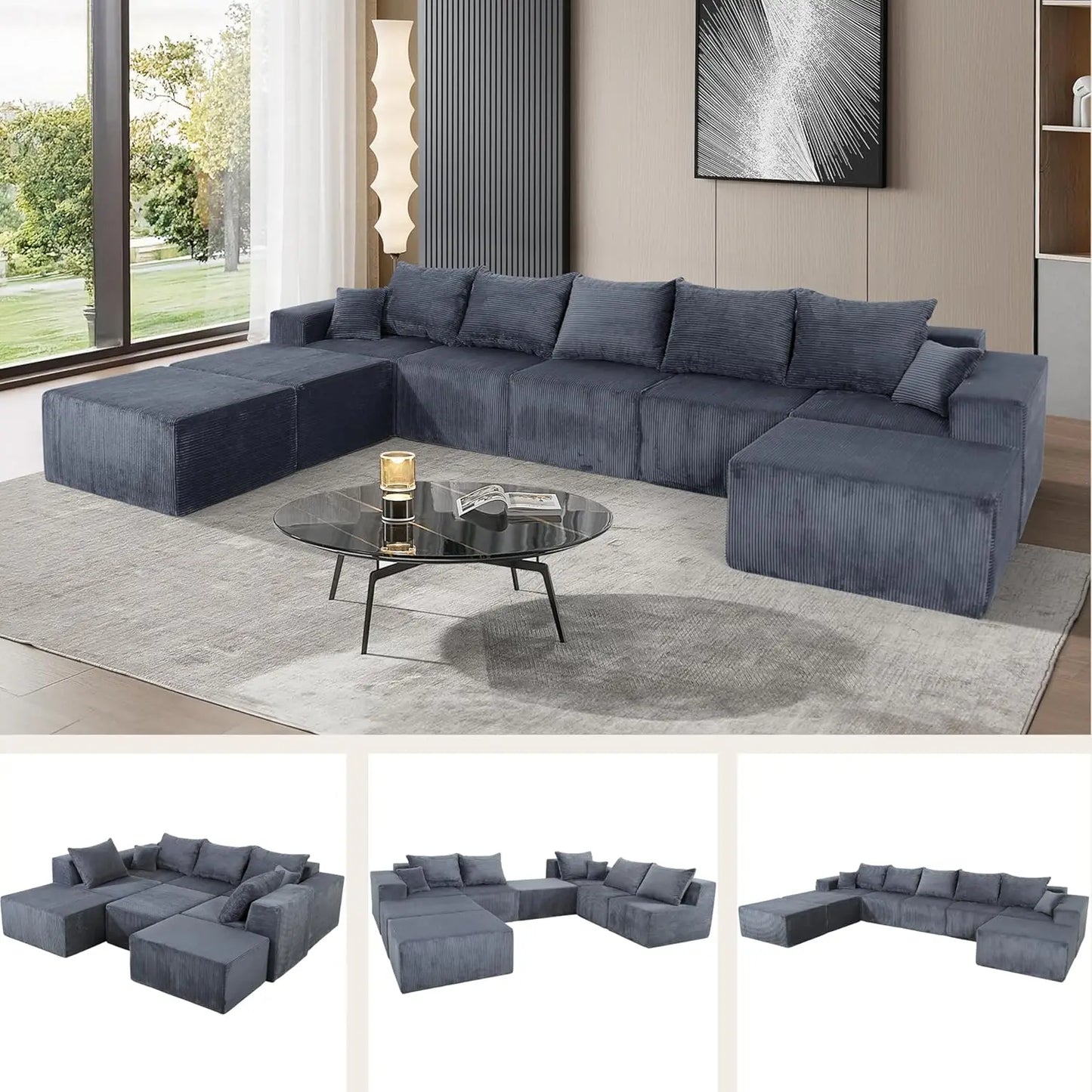 Family Sofa Set for Living Room, 8-Piece Modular U-Shaped Sectional Sofa with Oversized Chaise Lounge and Bed,Customized