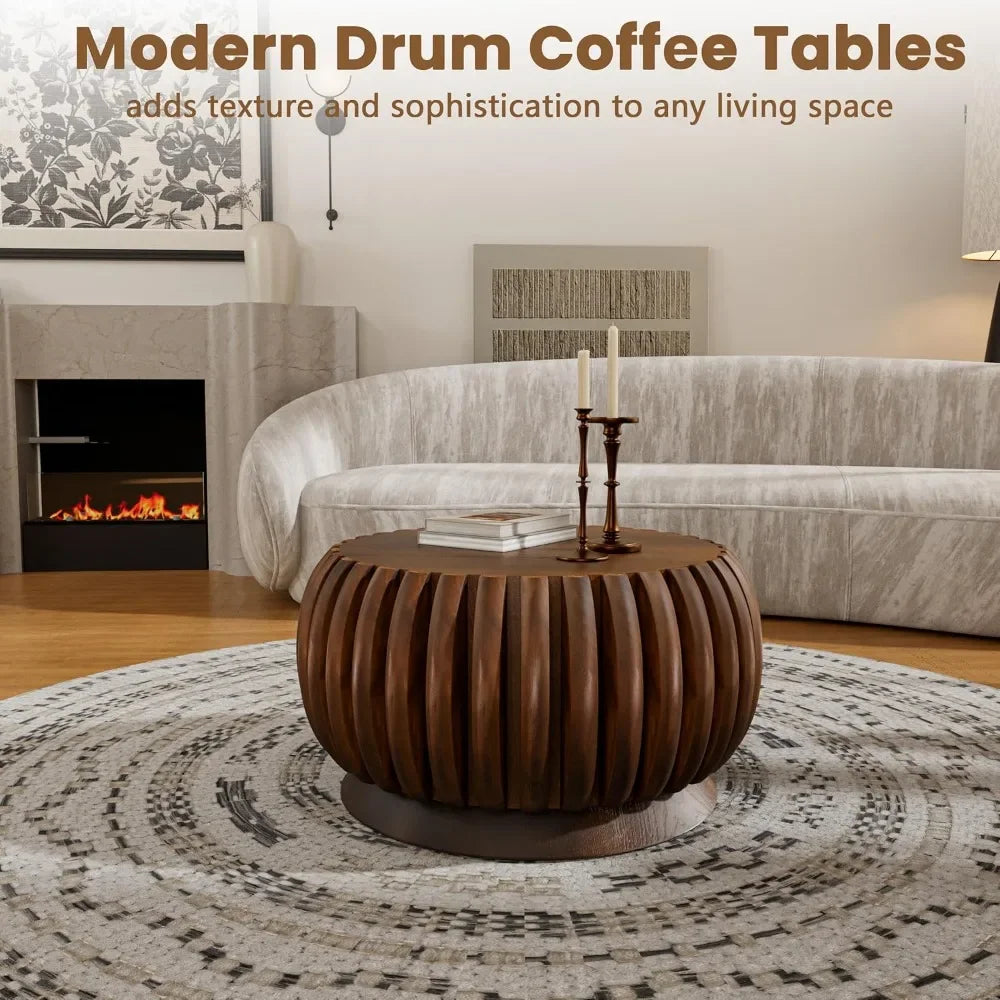31.5 Inch round Fluted Coffee Table Farmhouse Luxury 3-Leg Base Natural Wood Veneer for Small Spaces