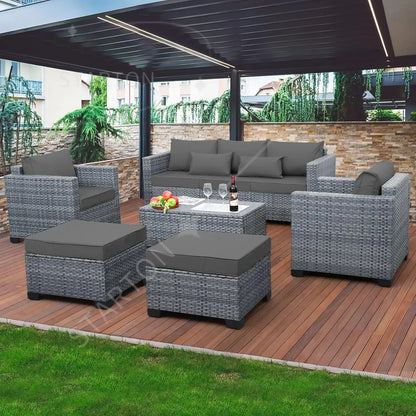 6 Pieces Wicker Patio Furniture Sets  PE Rattan Sectional Sofa Couch Storage Table and Grey Cushions