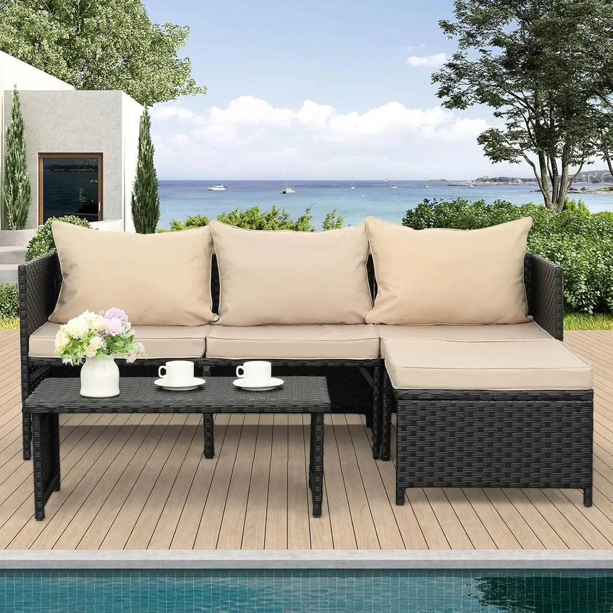 3-Piece Outdoor PE Rattan Furniture Set Patio Black Wicker Conversation Loveseat Sofa Sectional Couch Khaki Cushion