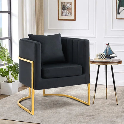 Modern Velvet Barrel Armchair with Lumbar Pillow, Mid-Century Upholstered Accent Chair for Living Room, Bedroom, Single Sofa Clu