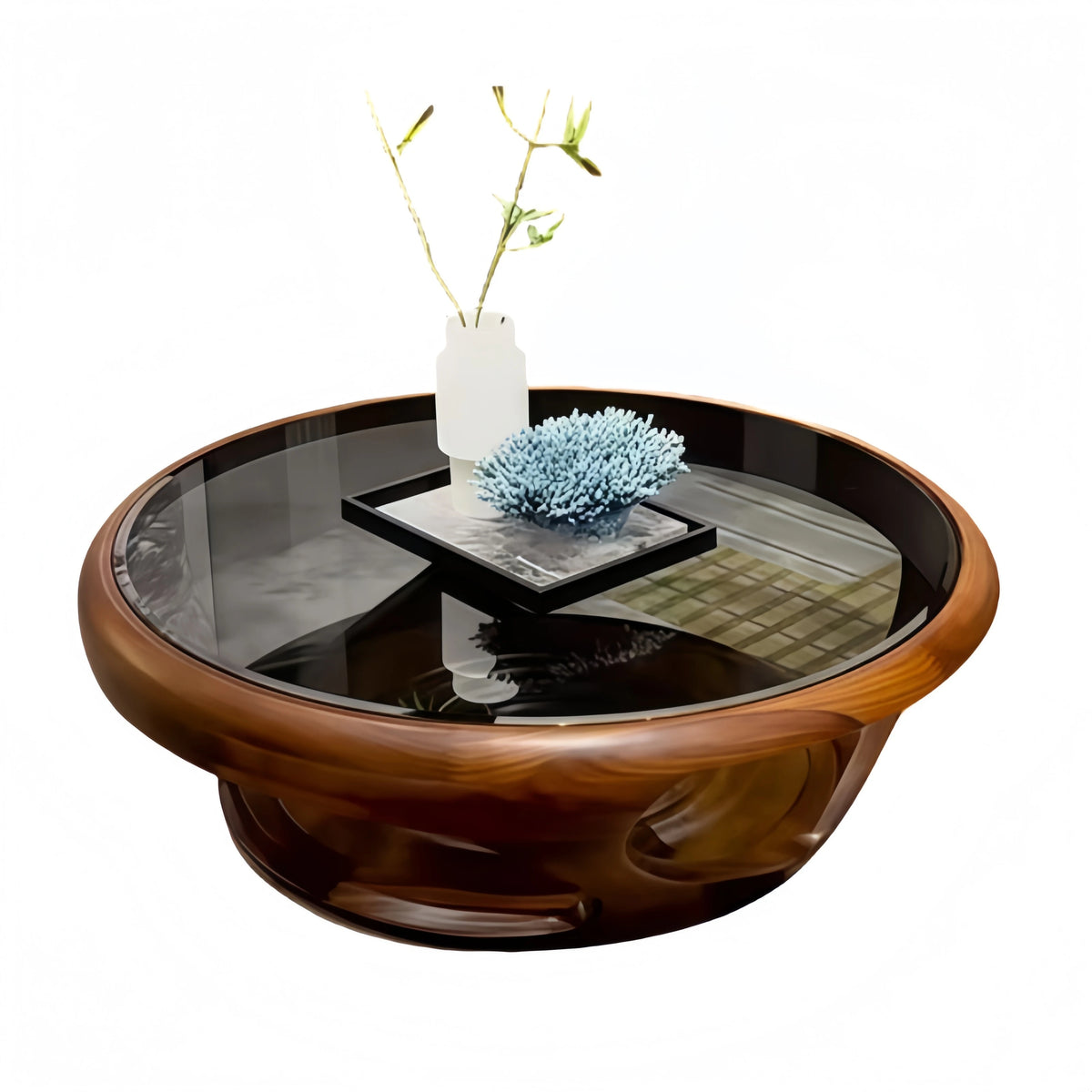 Table basse en noyer noir, table basse ronde en bois massif pour salon et maison