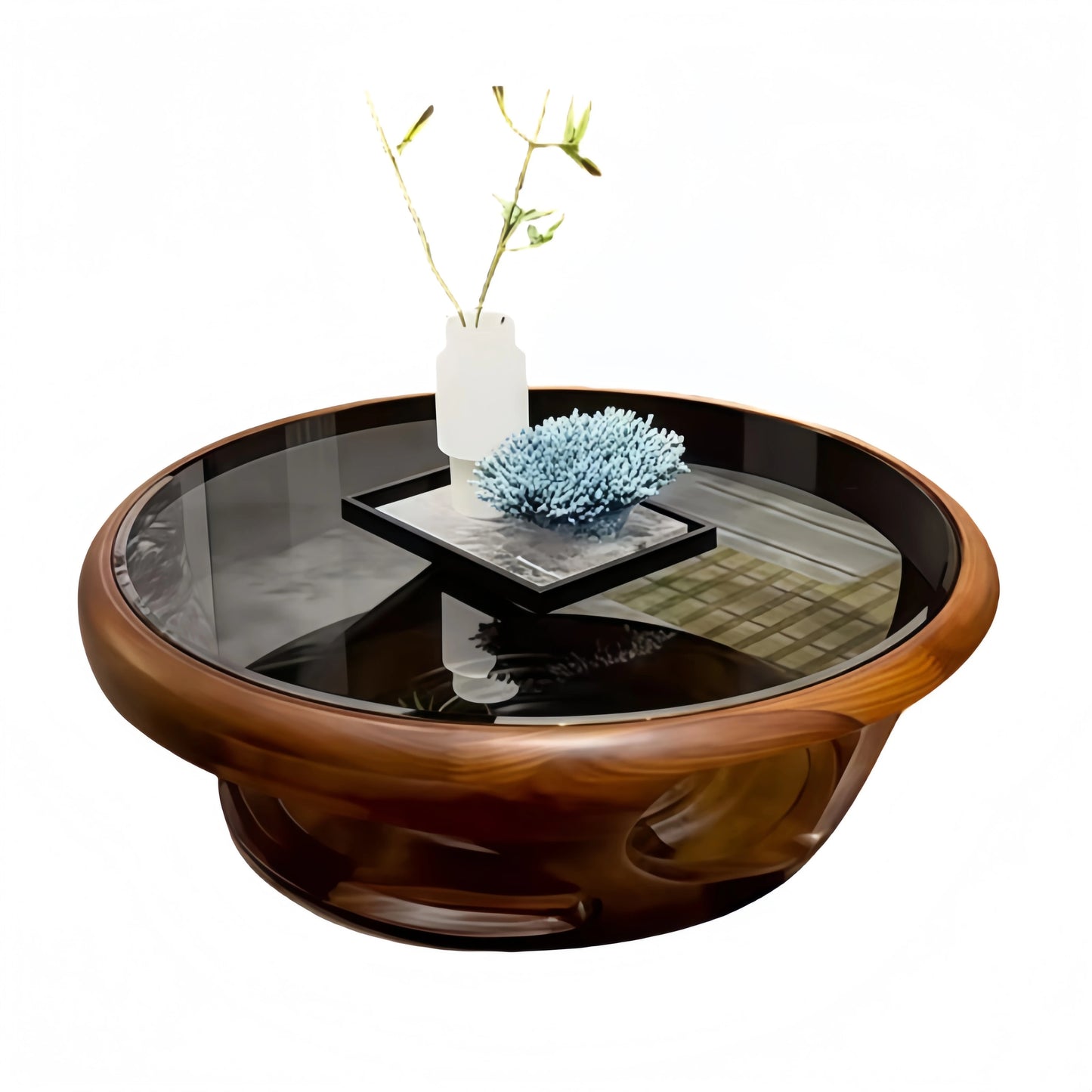 Table basse en noyer noir, table basse ronde en bois massif pour salon et maison
