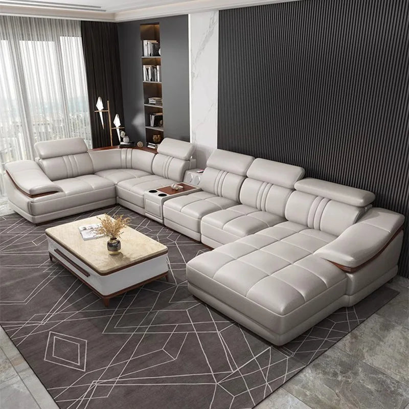Simple modern leather sofa first layer cowhide living room large corner full set of light luxury leather sofa combination