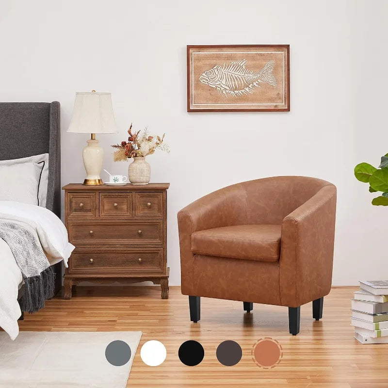 Leather Accent Chair, Faux Leather Armchair, Modern Barrel Club Chair With Soft Seat For Living Room Bedroom Reading