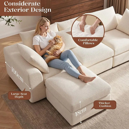 110" Cloud Sectional Couches or Living Room, L-Shaped Convertible Soa, 3-Seat ular BonelCouch with Movable Ottoman, Beige