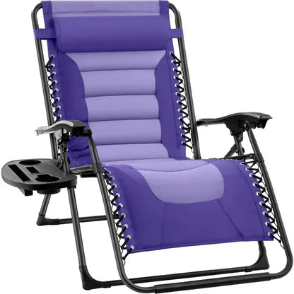 v Oversized Padded Zero Gravity Chair, Folding Outdoor Patio Recliner, XL Anti Gravity Lounger for Backyard w/Headrest, Cup Hold