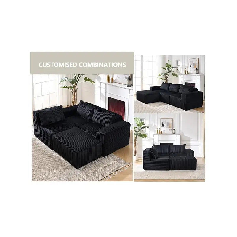 Modern Minimalist L-Shape Modular Fabric Sectional Sofa with Deep Seats, Right-Facing Chaise for Living Room - Black Cloud
