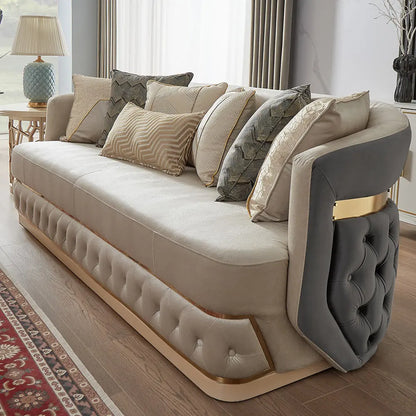 Ensemble de canapé de salon rembourré en velours, moderne et luxueux, ceinture en acier inoxydable, bouton de décoration, maison, Villa