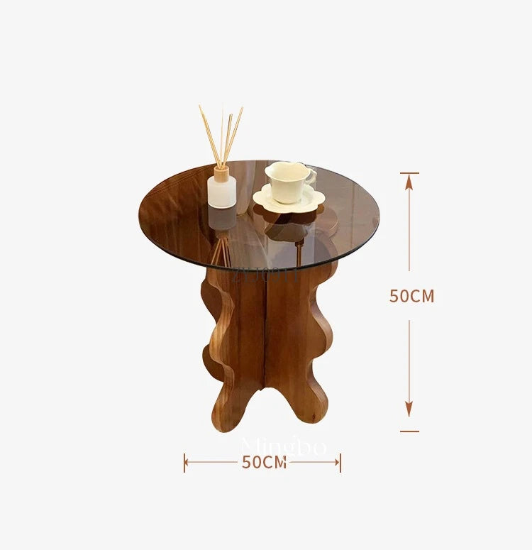 Table basse ondulée en bois massif, pétale rétro français, table créative en verre trempé, petite table ronde