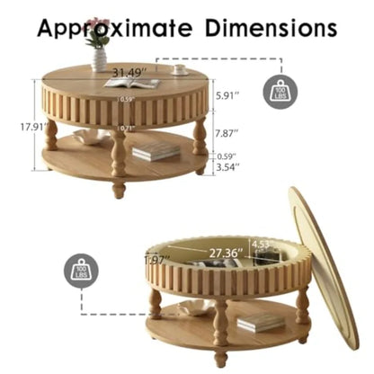 31.49'' Round Wood Coffee Table with Storage 2-Tier Circle Fluted Coffee Table Natural Rustic Center Table with Lid Shelf for L