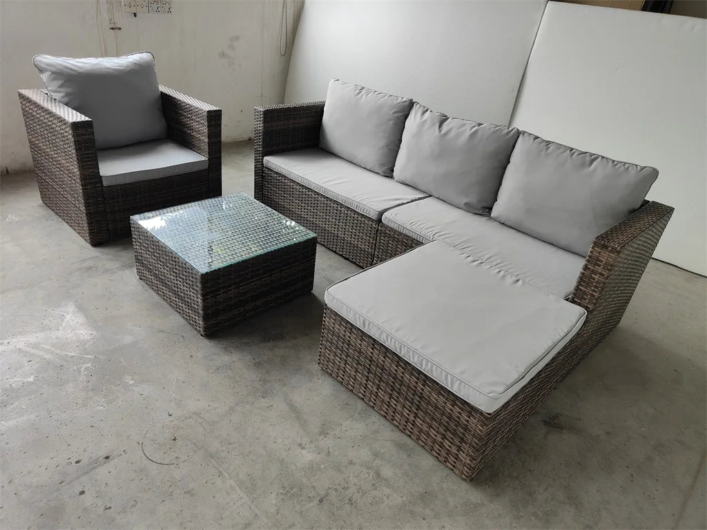 Modern Design Garden Rattan Patio Wicker L Shape Corner Sofa Set with Single Sofa Chair Exterior Pe Rattan Outdoor Sofa