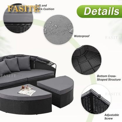 Nordic luxury Leisure Round Daybed with Retractable Canopy,Outdoor Furniture with Washable Cushions, Clamshell Sectional Seating