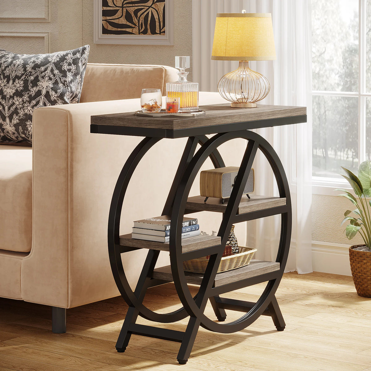 Tribesigns End Table for Living Room, 3-Tier Narrow Side Table with Storage, Wood Sofa Side Table with Geometric Metal Frame