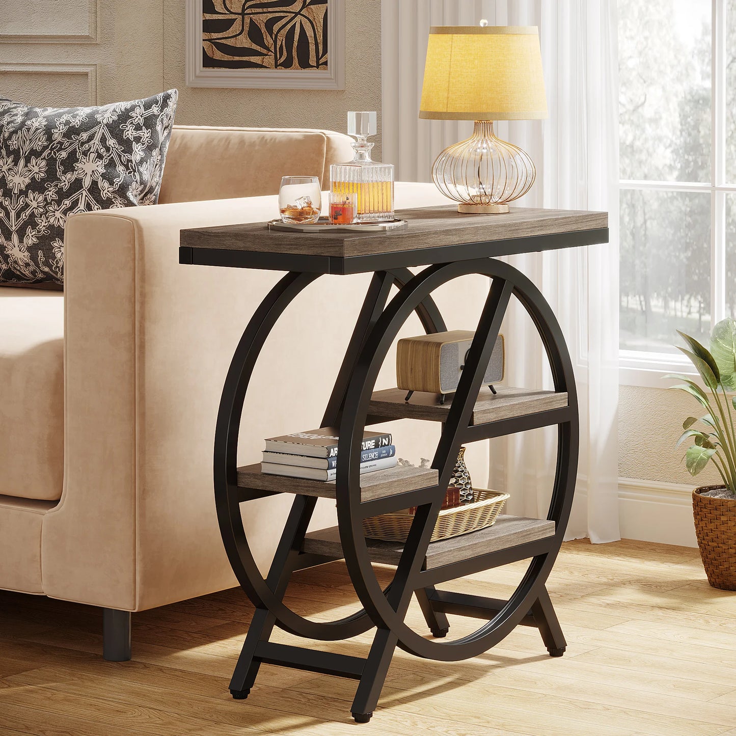 Tribesigns End Table for Living Room, 3-Tier Narrow Side Table with Storage, Wood Sofa Side Table with Geometric Metal Frame