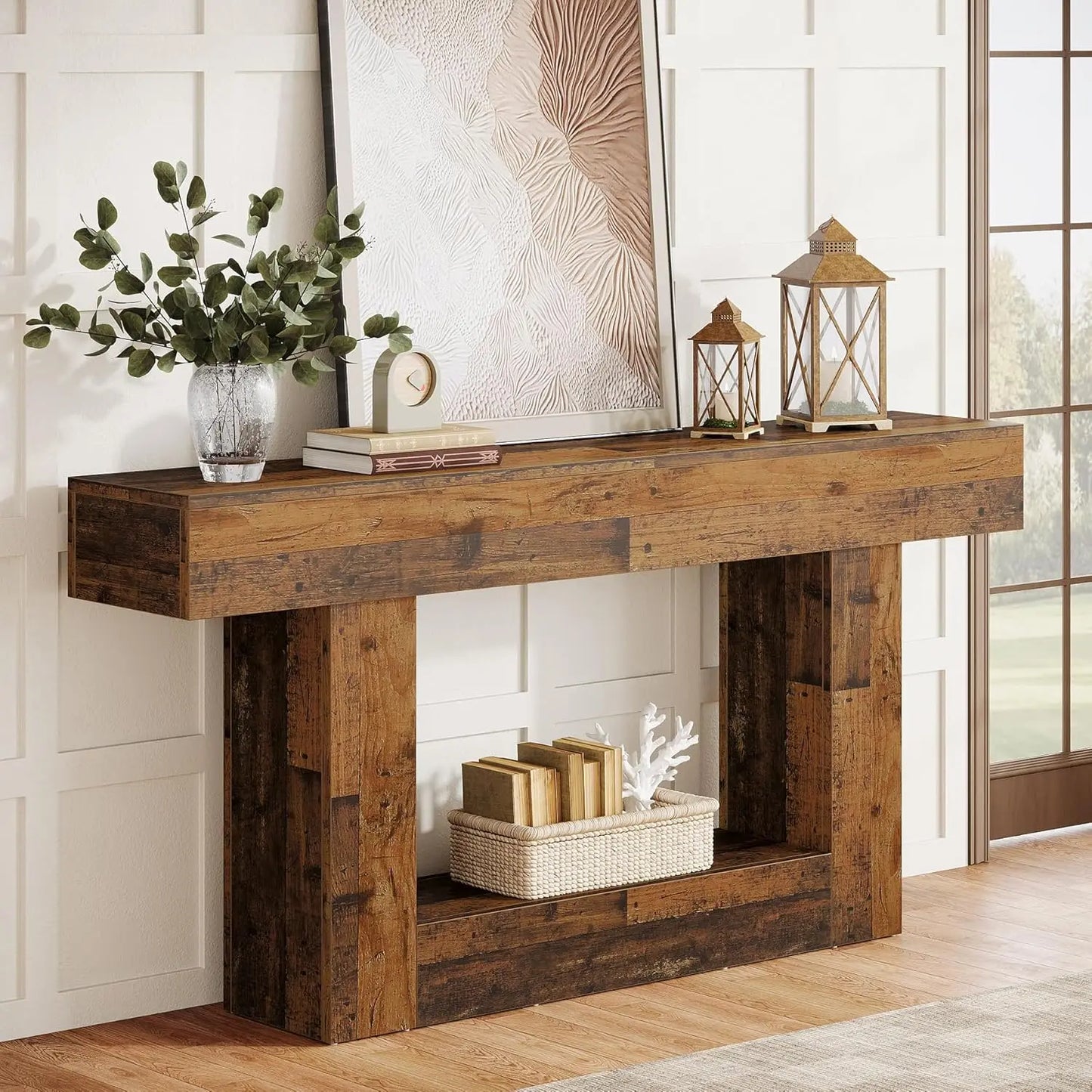Rustic 2-Tier 63 Console Table with Storage for Entryway, Living Room, and Hallway in Brown & Gray