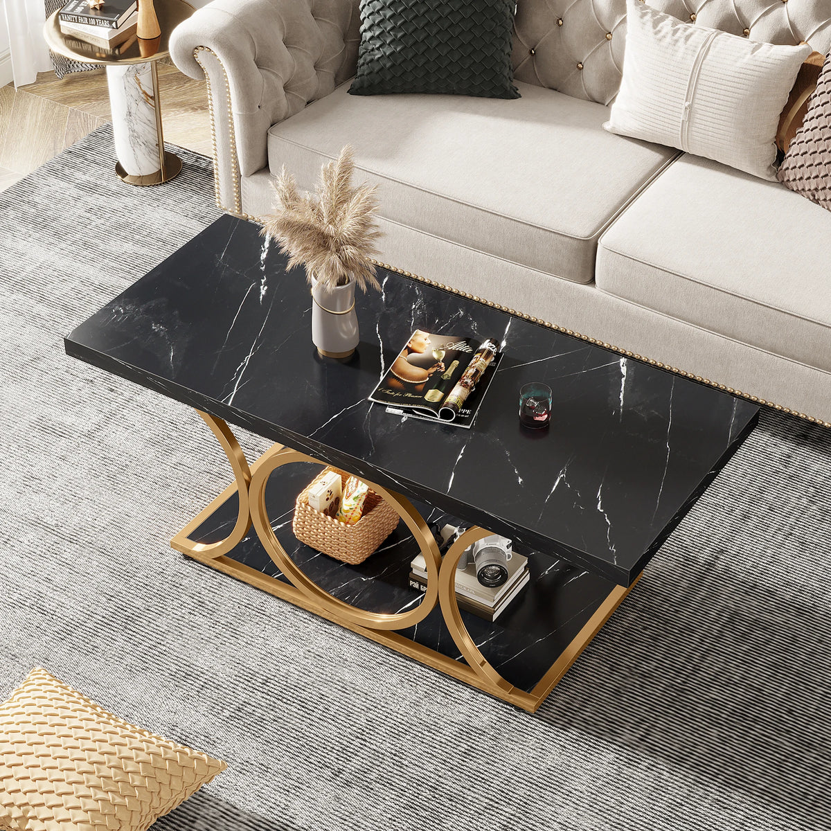 Tribesigns Rectangle Coffee Table, 47.24-inch Modern Coffee Tables for Living Room, 2-Tier Faux Marble Wood Coffee Table