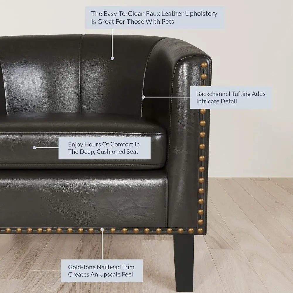 Accent Barrel Chair, Modern Faux Leather Tub Club Chair Upholstered Armchair with Gold Nail Head Trim and Black Legs for Living