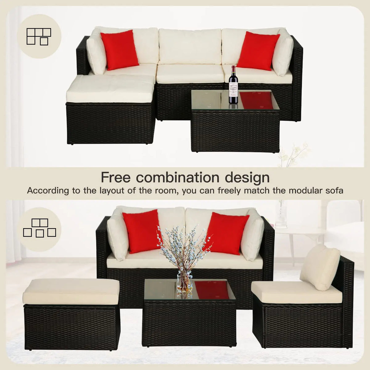 5 Pieces Patio Furniture Sets Outdoor Furniture Patio Sofa Wicker Sectional Sofa Modular Outdoor Conversation Set, Customized