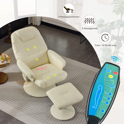 Massage chair with reclining function, heating & footstool, reclining TV chair made of PU fabric, 360° swivel, beige