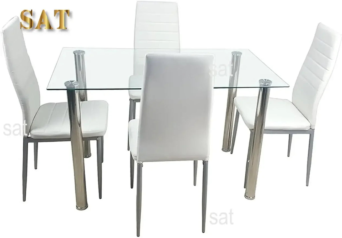 Dining Room Table Set,5-Piece Kitchen Dining Set with Glass Table Top 4 PU  Metal Frame Chairs A