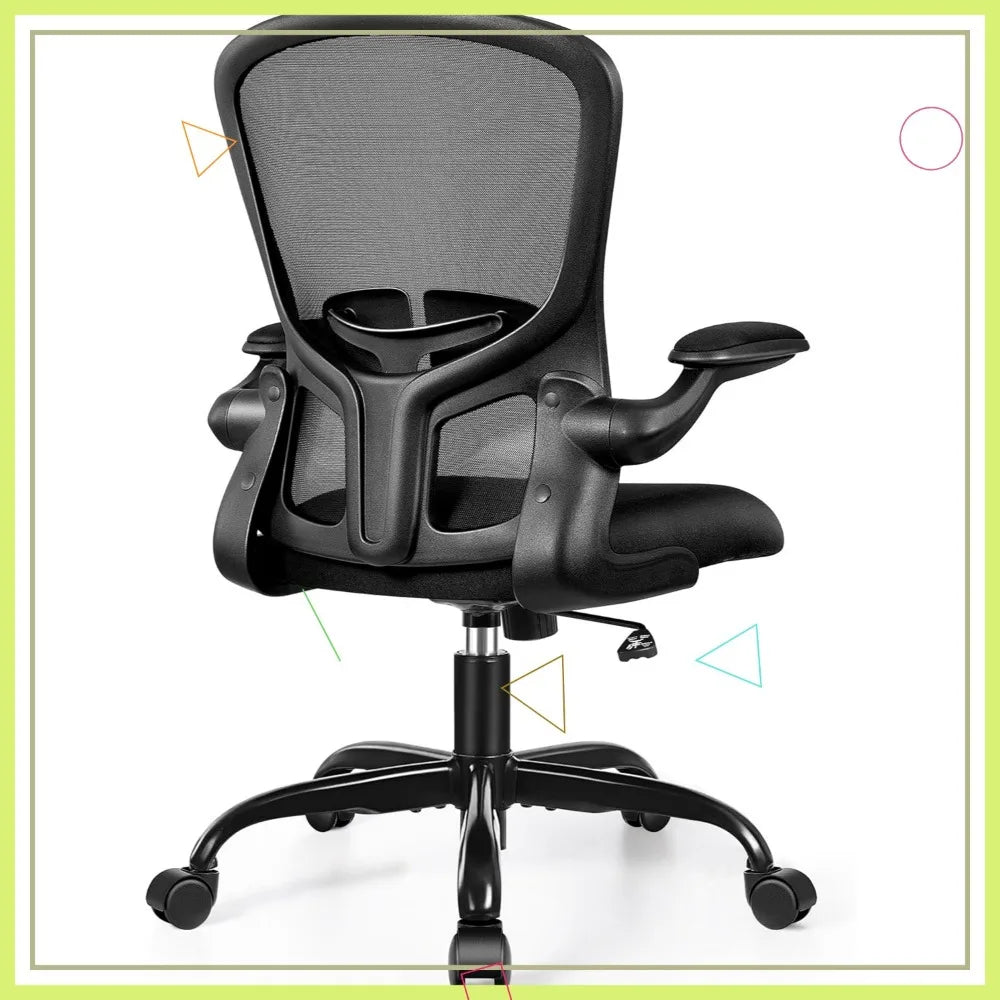 Ergonomic Office Chair with Adjustable Lumbar Support, Height & Flip-up Armrests - Black Mesh Backrest for Comfort