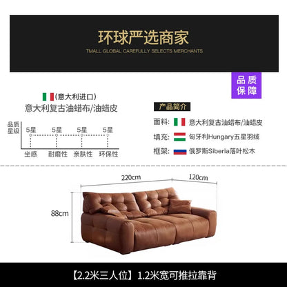 Retro oil wax leather sofa, small apartment living room straight row sofa, large sitting depth movable backrest medium ancient