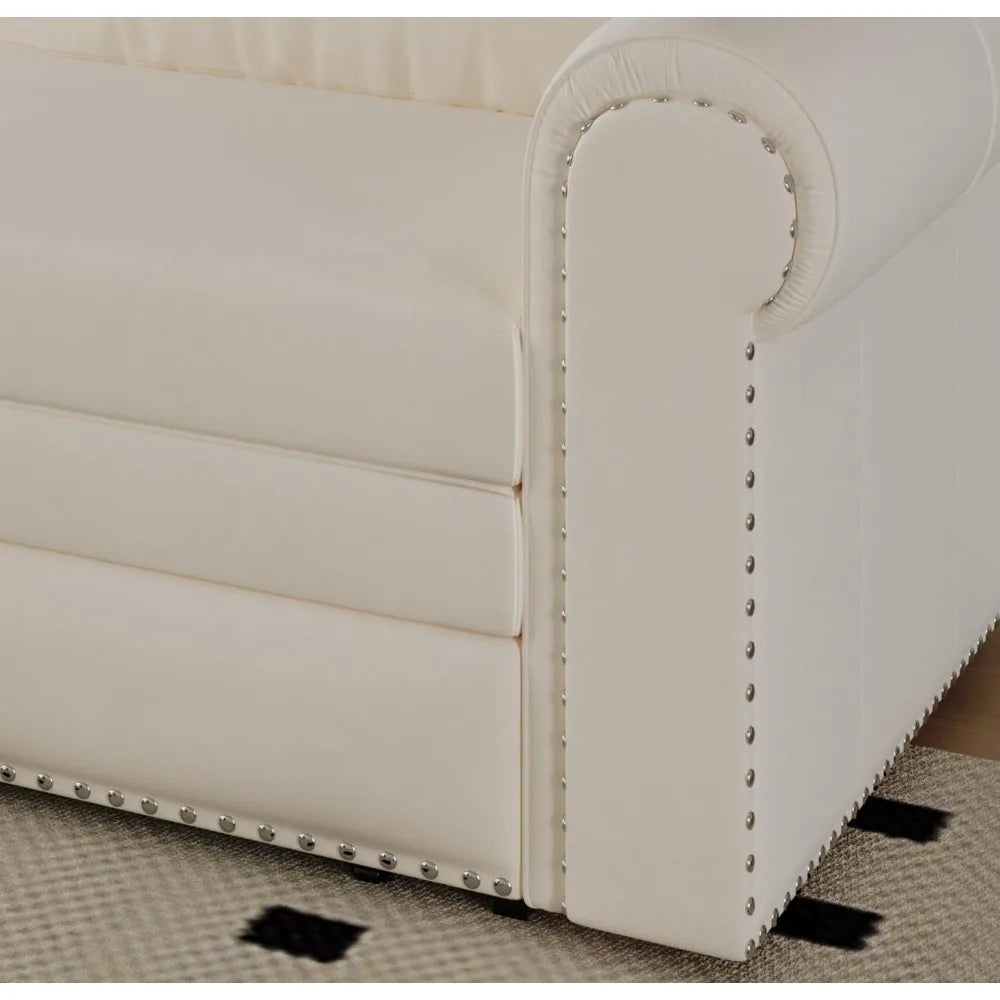 Faux Leather 3-in-1 Convertible Sleeper Sofa with Nailhead Trim and Rolled Arm, Multi-Functional Couch for Versatile Living Spac