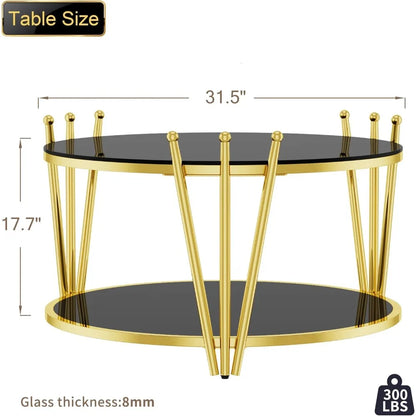 Round Gold Glass Coffee Table 31.5" Black Tempering Glass Living Room Table Modern Luxury Crown Design Stainless Steel Leg, Sofa