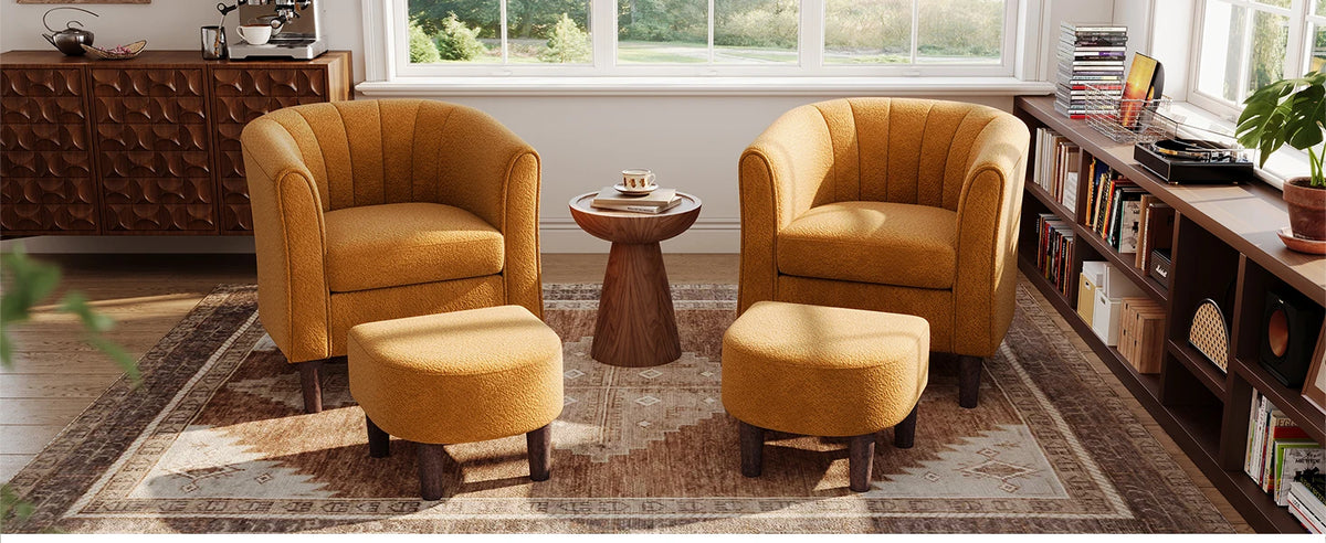 Ottoman Set of 2 - Chenille Accent Chair Mid-Century Modern Small Reading Chair Upholstered Armchair with Footrest  (Set of 2)