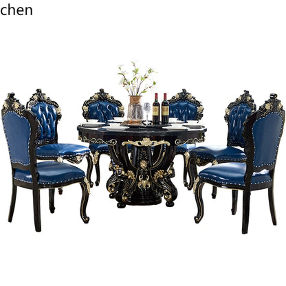 HTT marble dining table and chair combination carved round table for household8 people round  with turntable furniture