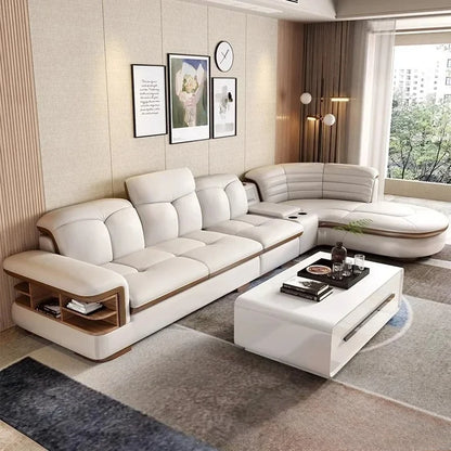 Luxury L-Shaped Genuine Leather Sectional Sofa Sets with USB, Bluetooth Speaker - MINGDIBAO Living Room Italian Leather Couches