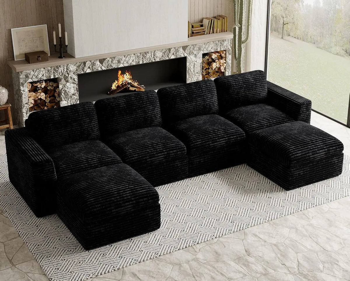 Cloud Sectional Couches for Living Room Plush Corduroy U Shaped Boneless Modular Sectional Sofa with Deep Seat. Black Couch