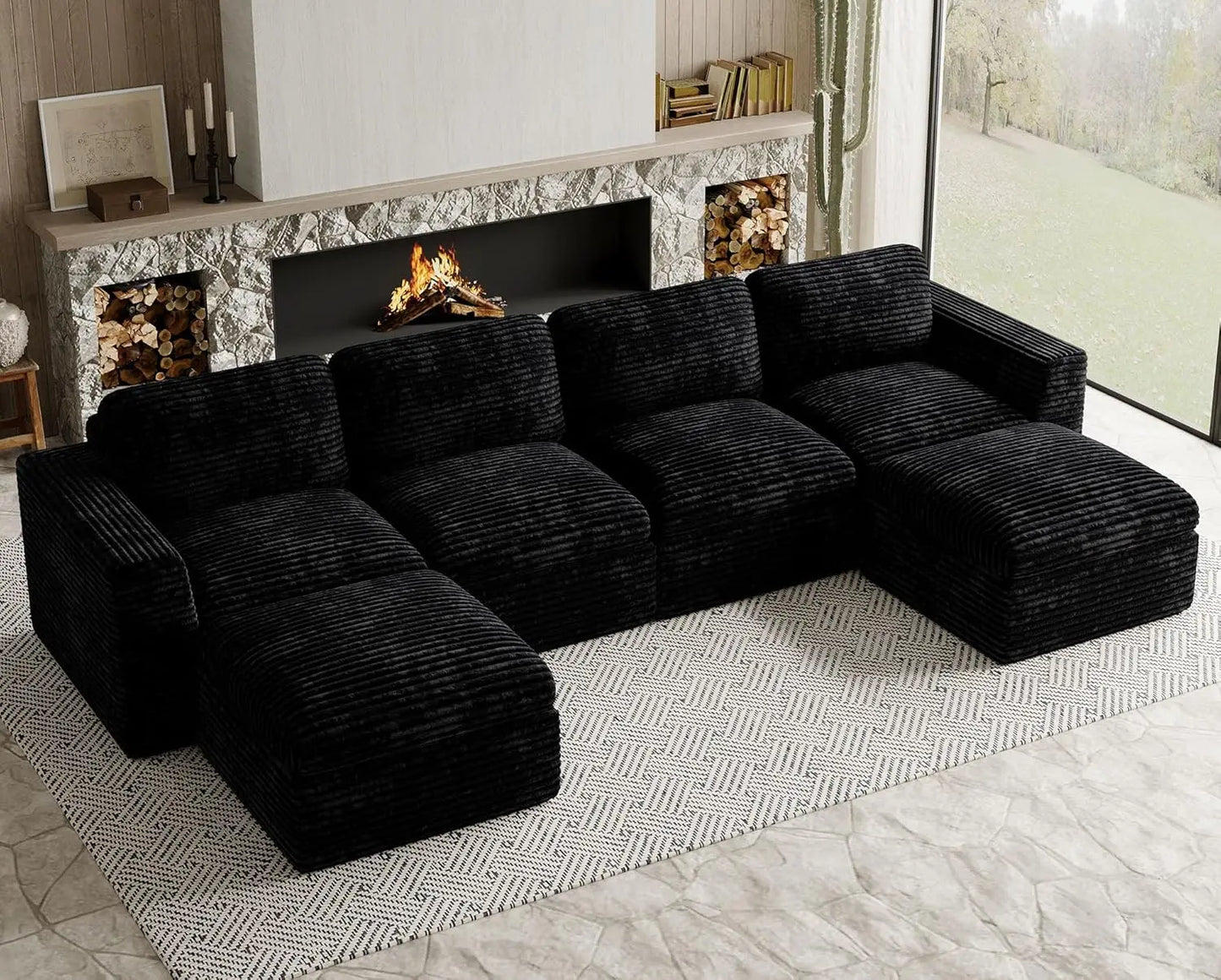 Cloud Sectional Couches for Living Room Plush Corduroy U Shaped Boneless Modular Sectional Sofa with Deep Seat. Black Couch