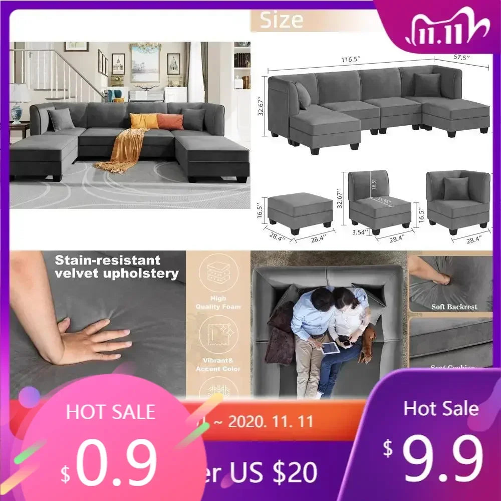 u-shaped velvet sectional sofa with reversible chaise for 6 people, 116