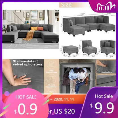 u-shaped velvet sectional sofa with reversible chaise for 6 people, 116" large living room furniture