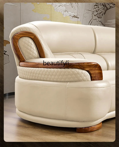 A38 Leather Sofa Luxury Villa Living Room New Chinese Style First Layer Cowhide European Solid Wood Home