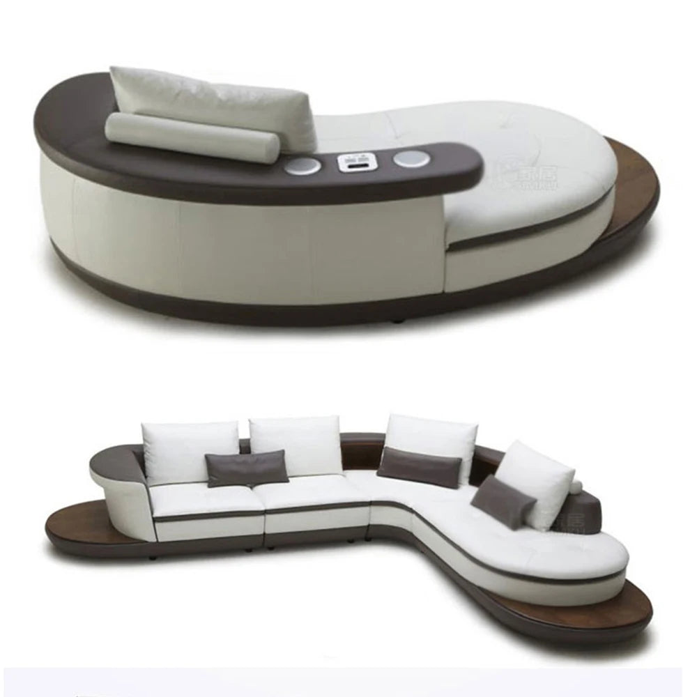 Modern Luxury Genuine Leather Sectional Sofa Set with Speaker and USB, U-Shaped Design Living Room Couch with Storage Shelves