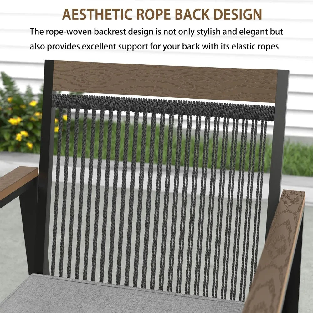 Outdoor Metal Dining Furniture Set with Umbrella Hole, Wood Grain Tabletop,，5-Piece Patio Dining Table and Chair Sets