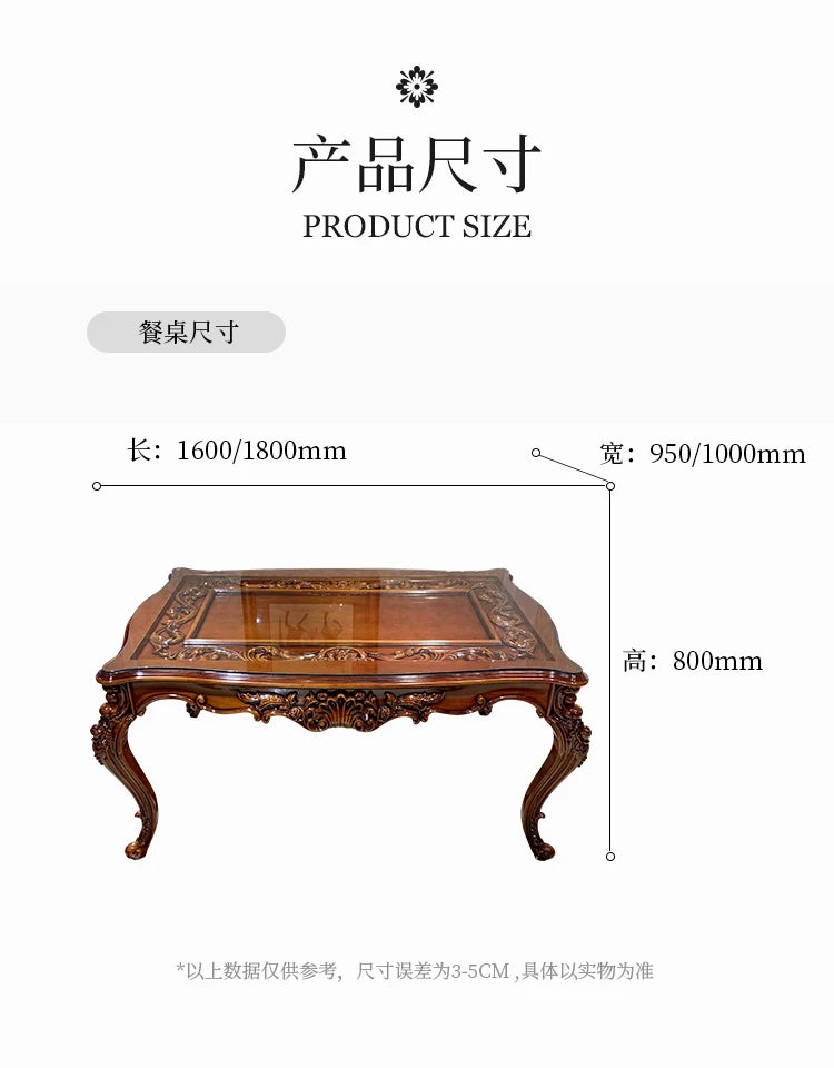 European-style all-solid wood dining table and chairs, living room, luxury villa home square table, French glass dining table