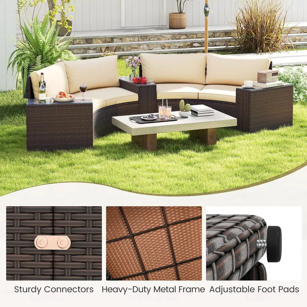 5 Pieces Patio Furniture Set, PE Rattan HalfMoon Curved Sectional Sofas with Tempered Glass Top Side Tables, Outdoor Conversati