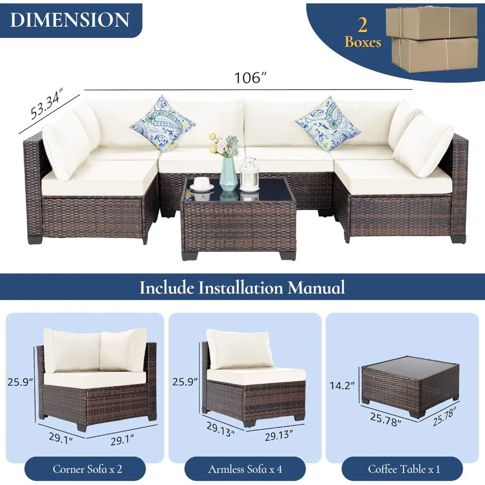 outdoor patio furniture set: 7-piece wicker modular conversation sectional sofa with cushions and coffee table