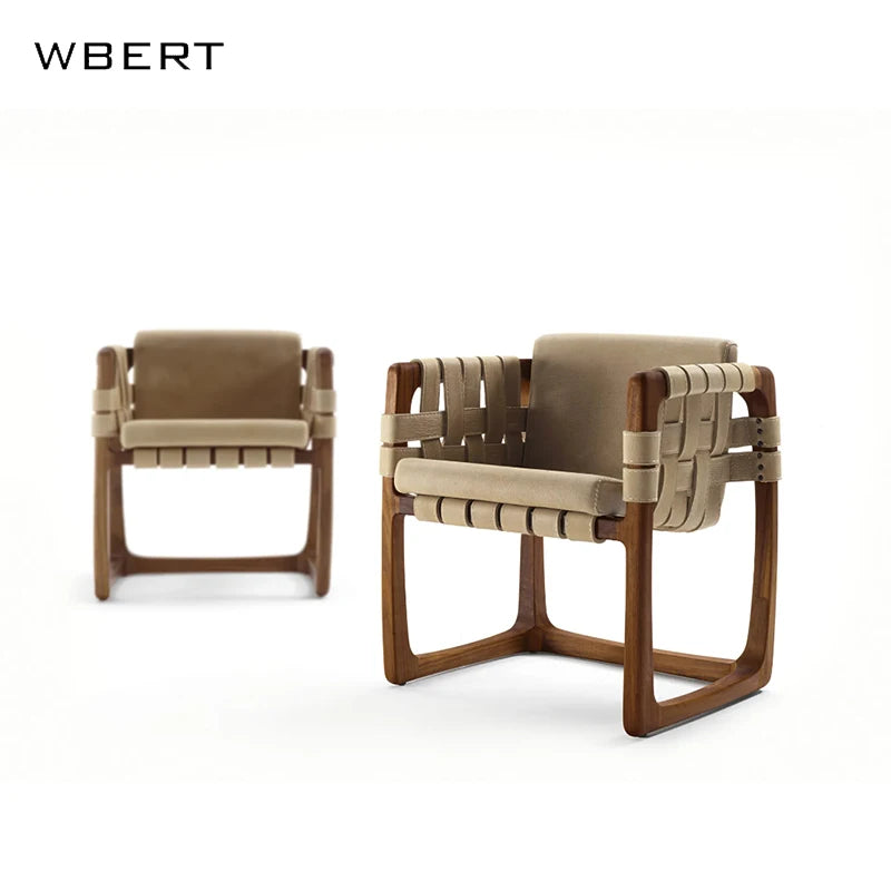 Wbert Modern Italian Leather Woven Leisure Dining Chair Solid Wood Courtyard Armchair For Hotel Villa Living Room