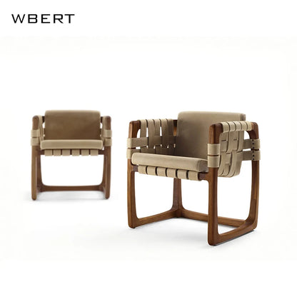 Wbert Modern Italian Leather Woven Leisure Dining Chair Solid Wood Courtyard Armchair For Hotel Villa Living Room