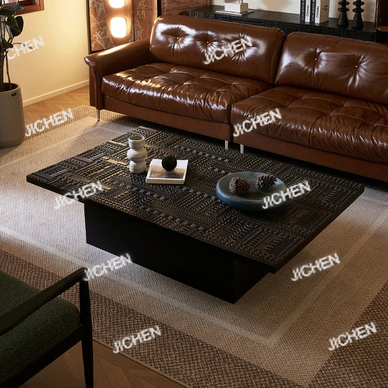 Retro coffee table light luxury high-end sense solid wood carving flower home living room minimalist 1.6 meters coffee table
