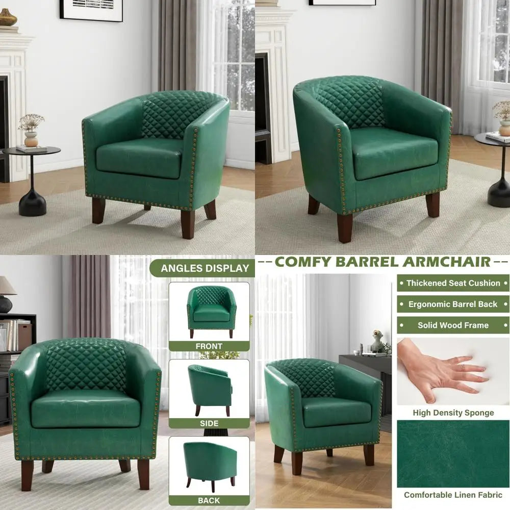 Modern Faux Leather Club Armchair with Nailhead Trim - Comfortable Upholstered Barrel Chair for Living Room