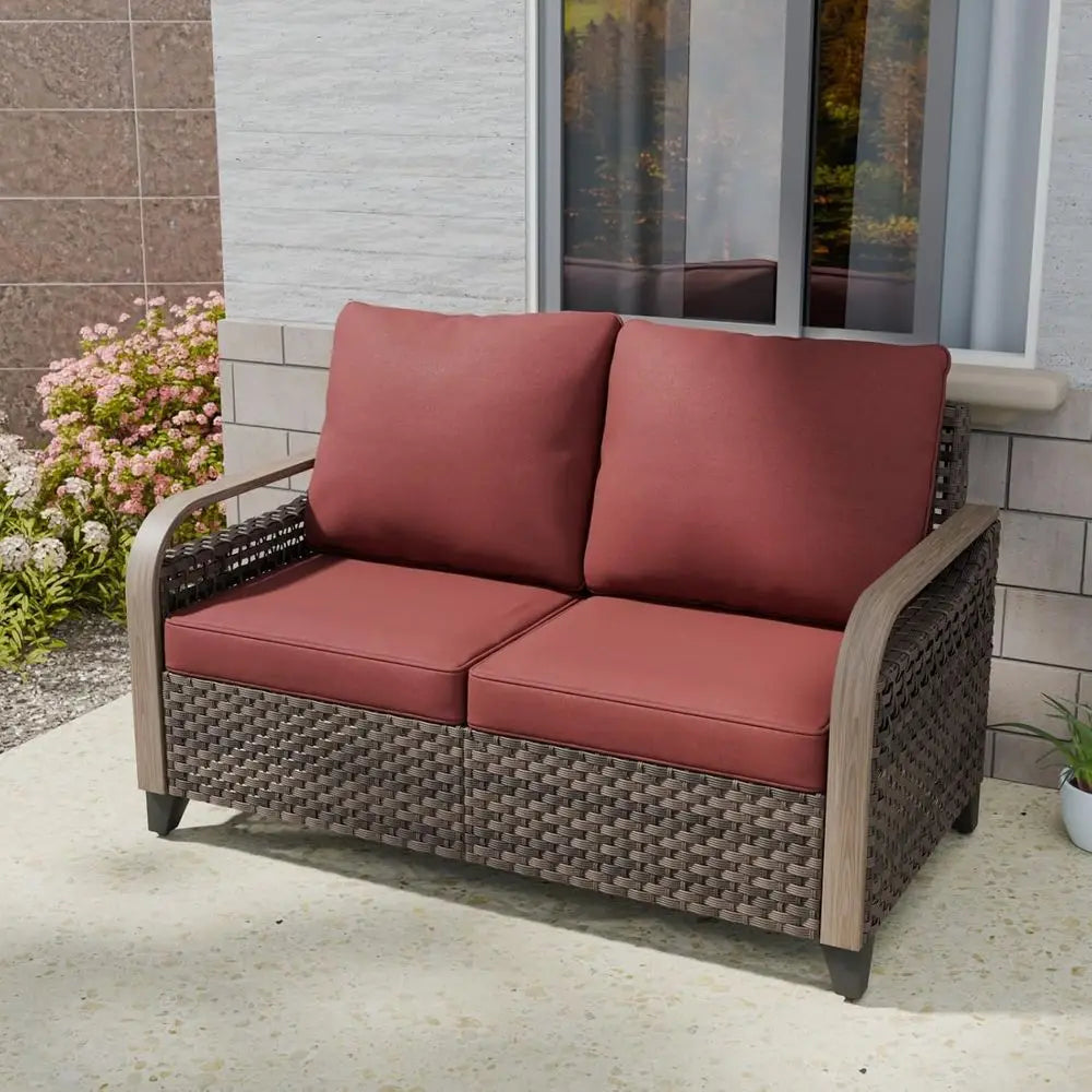 2 Seat Outdoor Sofa with Cushions, Patio Garden Furniture, Deck Backyard, 500 lbs Capacity, Brown/Red