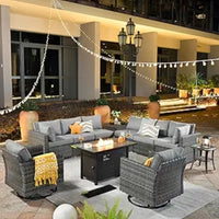 11 Piece Outdoor Patio Furniture Set with Fire Pit Table,Conversation Sectional Wicker Couch with Swivel Chairs,Modern Out