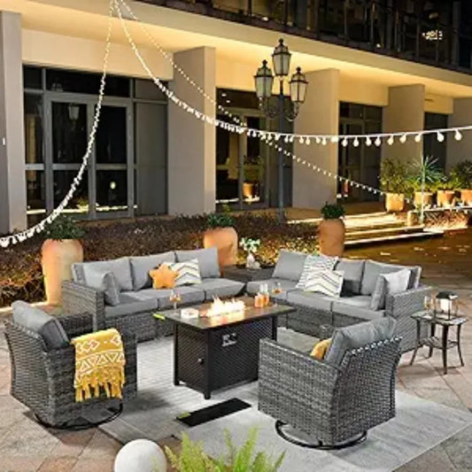 11 Piece Outdoor Patio Furniture Set with Fire Pit Table,Conversation Sectional Wicker Couch with Swivel Chairs,Modern Out